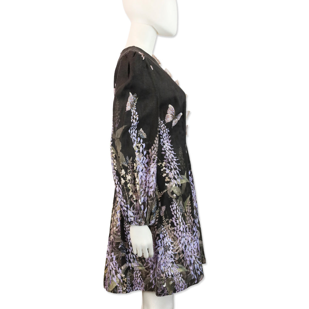 Zimmermann Botanica Black Lavender Tea Linen Butterfly Mini Dress