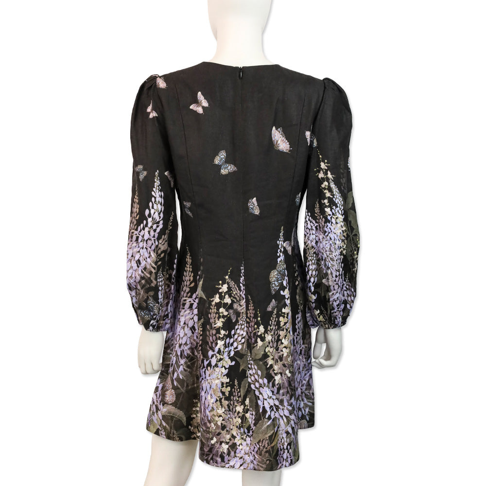 Zimmermann Botanica Black Lavender Tea Linen Butterfly Mini Dress