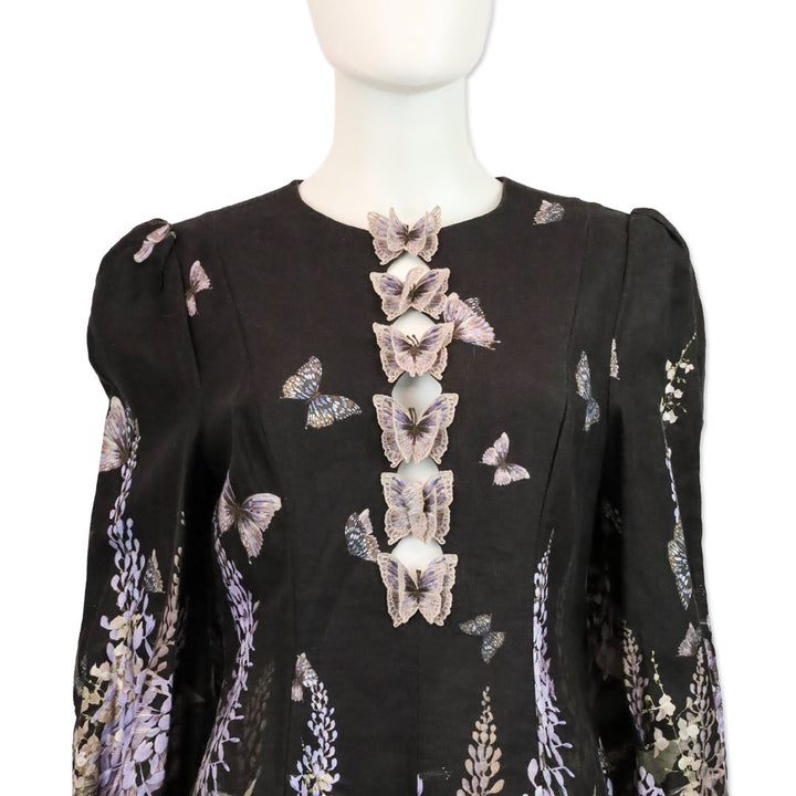 Zimmermann Botanica Black Lavender Tea Linen Butterfly Mini Dress