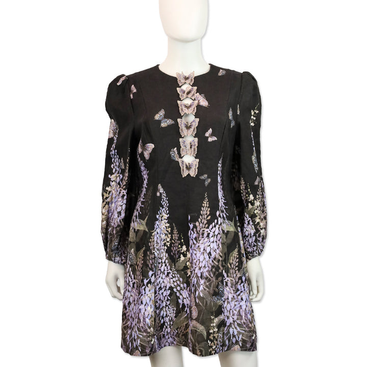 Zimmermann Botanica Black Lavender Tea Linen Butterfly Mini Dress