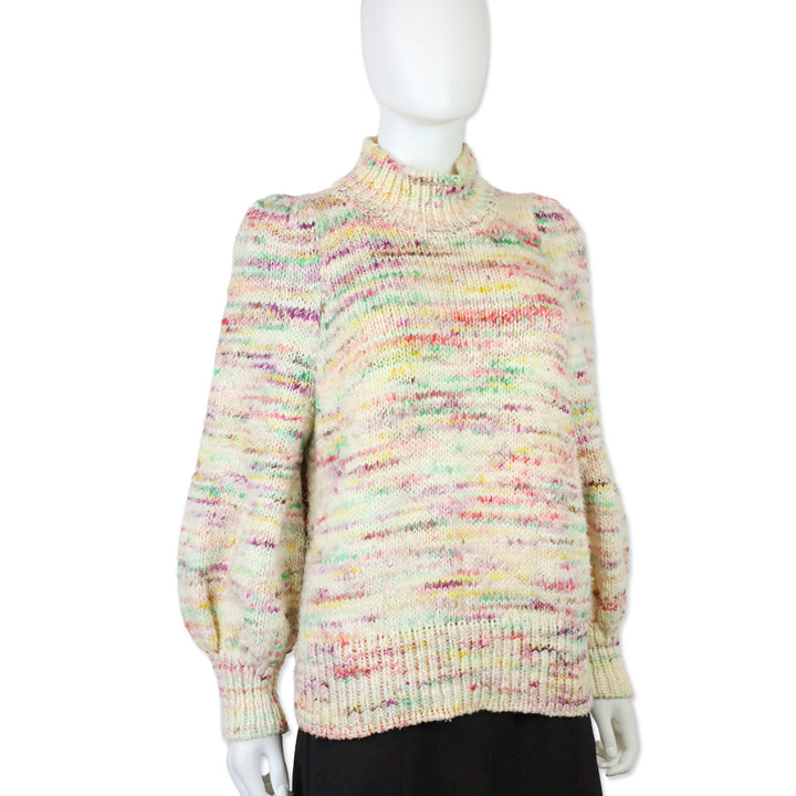 Zimmermann Cream Multicolor Wool Knit Turtleneck Puff Sleeve Sweater