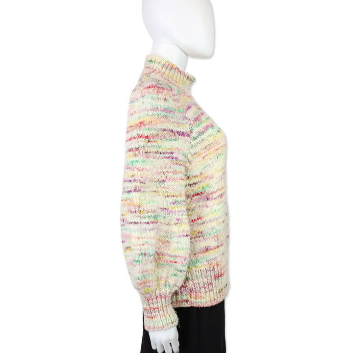 Zimmermann Cream Multicolor Wool Knit Turtleneck Puff Sleeve Sweater
