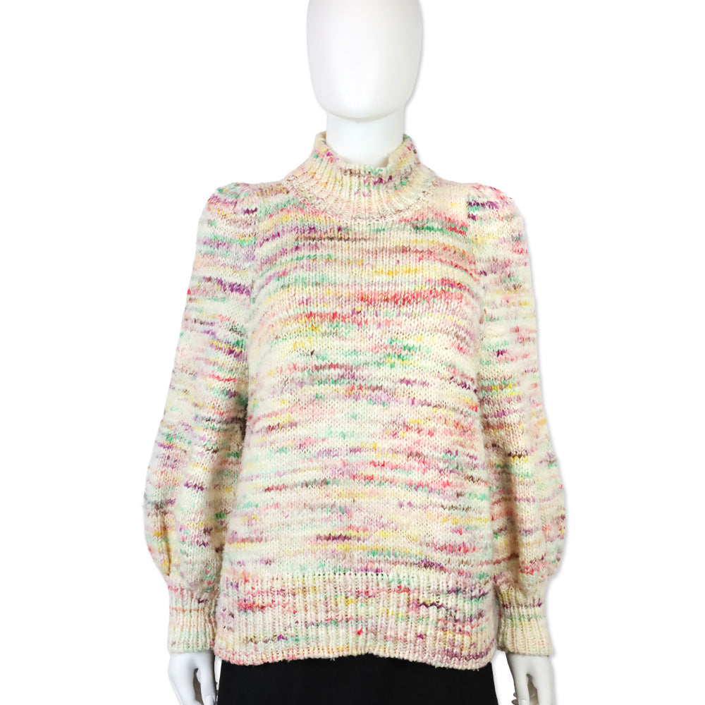 Zimmermann Cream Multicolor Wool Knit Turtleneck Puff Sleeve Sweater
