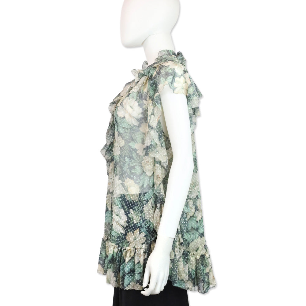 Zimmermann Green/Cream Floral Print Swiss Dot Ruffle Keyhole Tassel Blouse