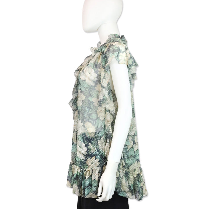 Zimmermann Green/Cream Floral Print Swiss Dot Ruffle Keyhole Tassel Blouse