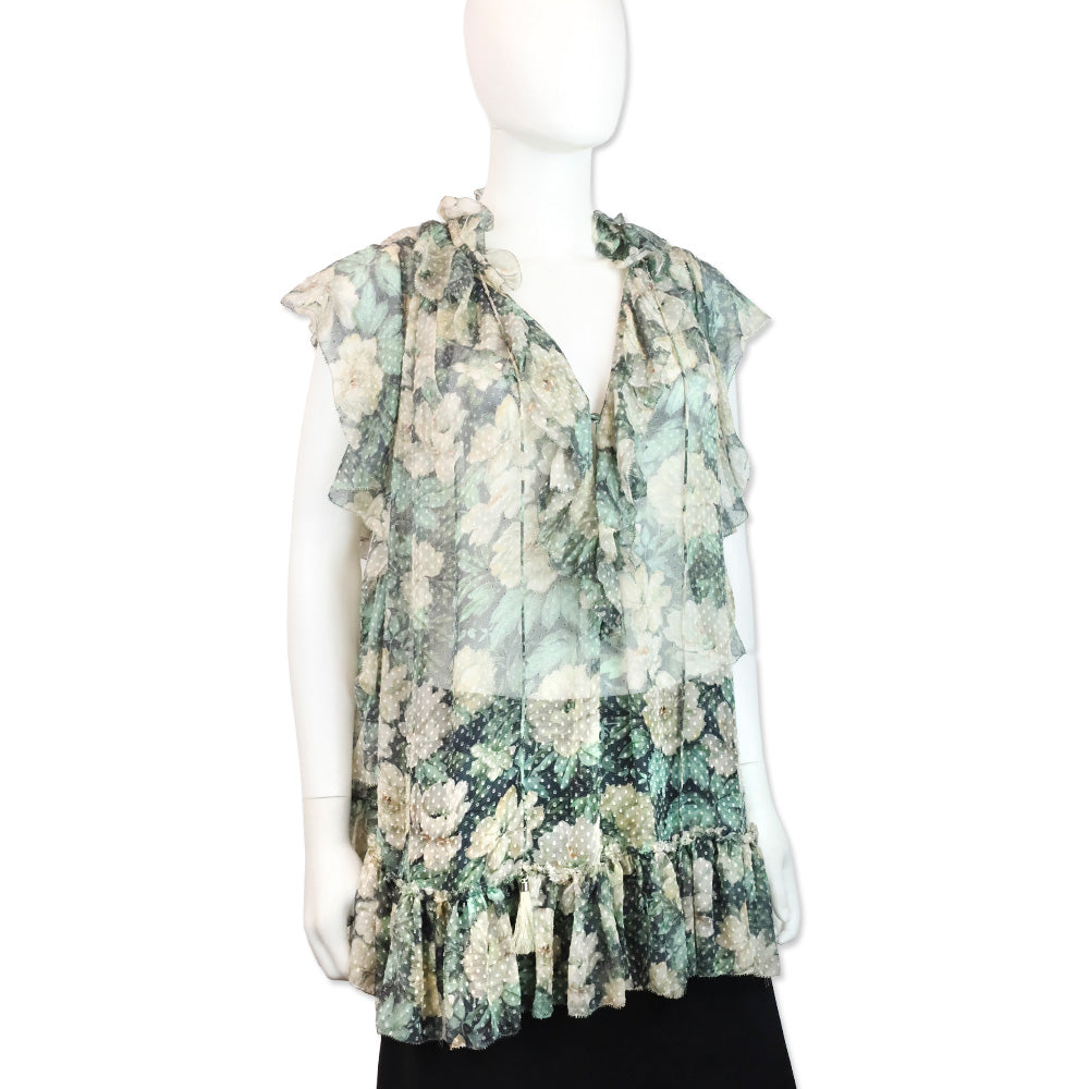 Zimmermann Green/Cream Floral Print Swiss Dot Ruffle Keyhole Tassel Blouse