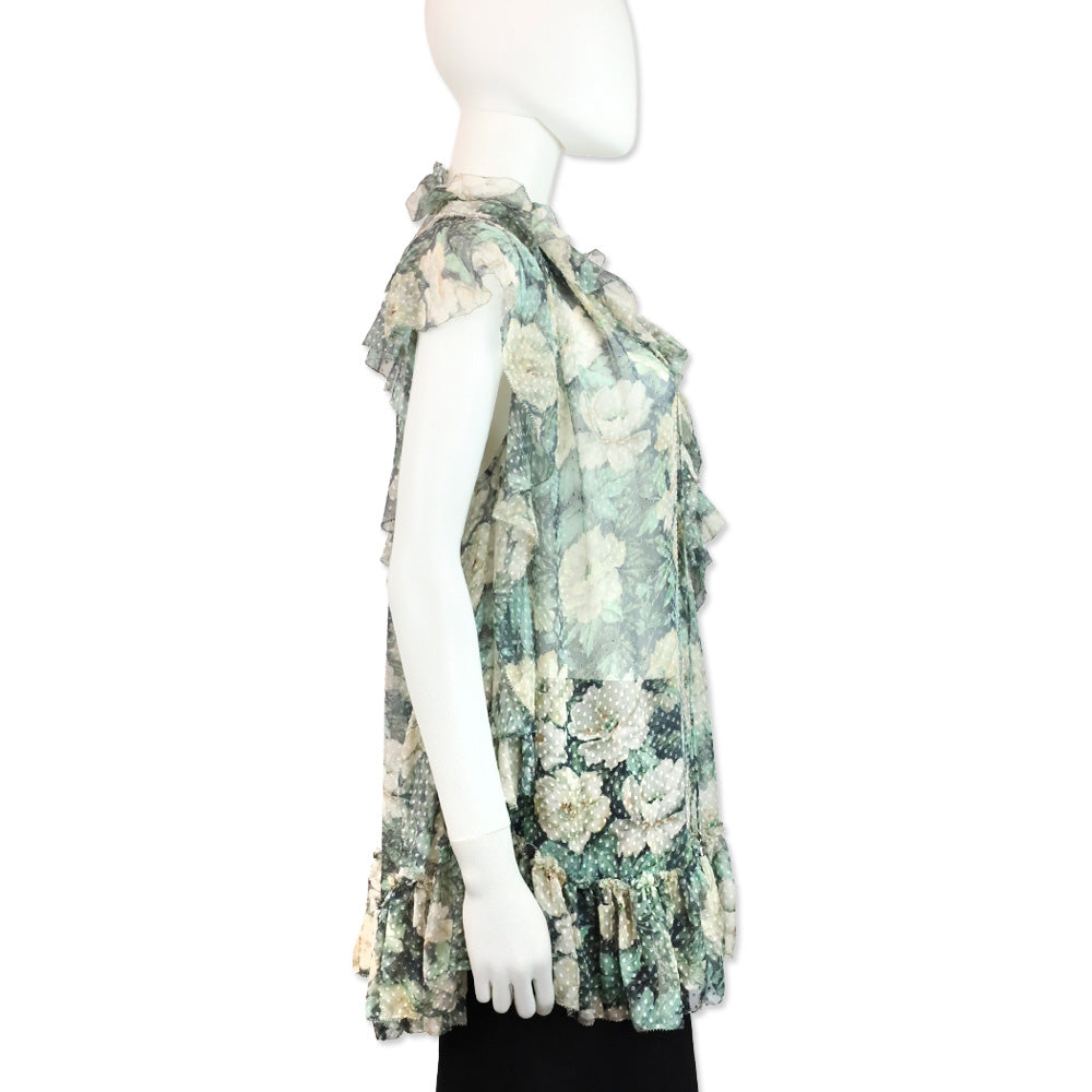 Zimmermann Green/Cream Floral Print Swiss Dot Ruffle Keyhole Tassel Blouse