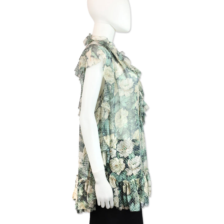 Zimmermann Green/Cream Floral Print Swiss Dot Ruffle Keyhole Tassel Blouse