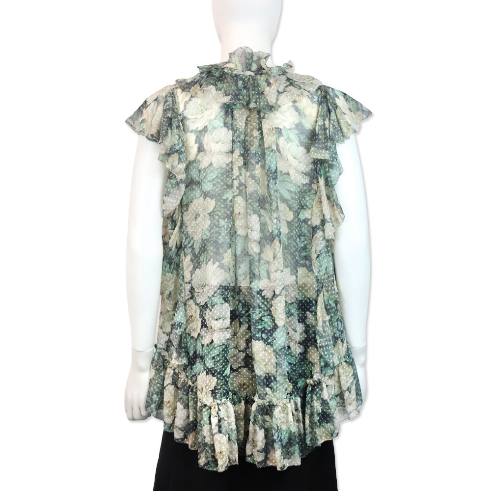 Zimmermann Green/Cream Floral Print Swiss Dot Ruffle Keyhole Tassel Blouse