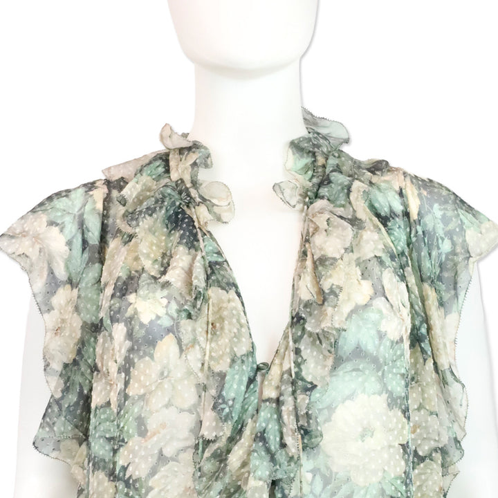 Zimmermann Green/Cream Floral Print Swiss Dot Ruffle Keyhole Tassel Blouse
