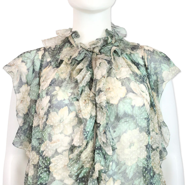 Zimmermann Green/Cream Floral Print Swiss Dot Ruffle Keyhole Tassel Blouse