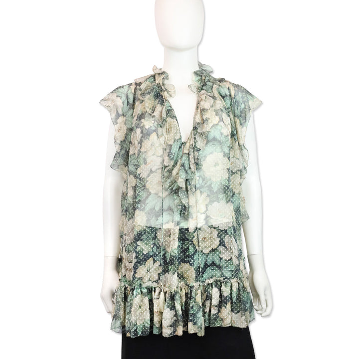 Zimmermann Green/Cream Floral Print Swiss Dot Ruffle Keyhole Tassel Blouse