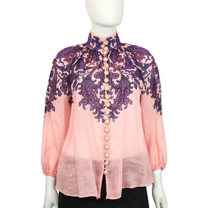 Zimmermann Pink Paisley Print Ramie Tiggy Billow Blouse