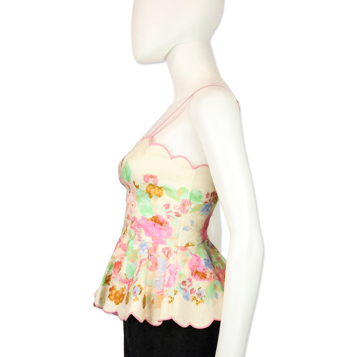 Zimmermann Raie Pink Floral Linen Peplum Top