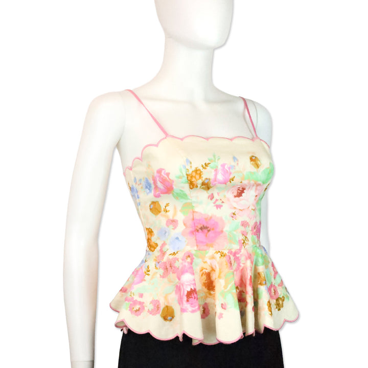 Zimmermann Raie Pink Floral Linen Peplum Top