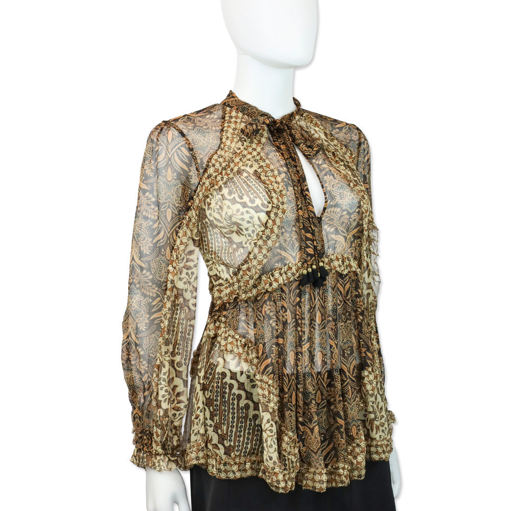 Zimmermann Tali Batik Silk Chiffon Keyhole Blouse