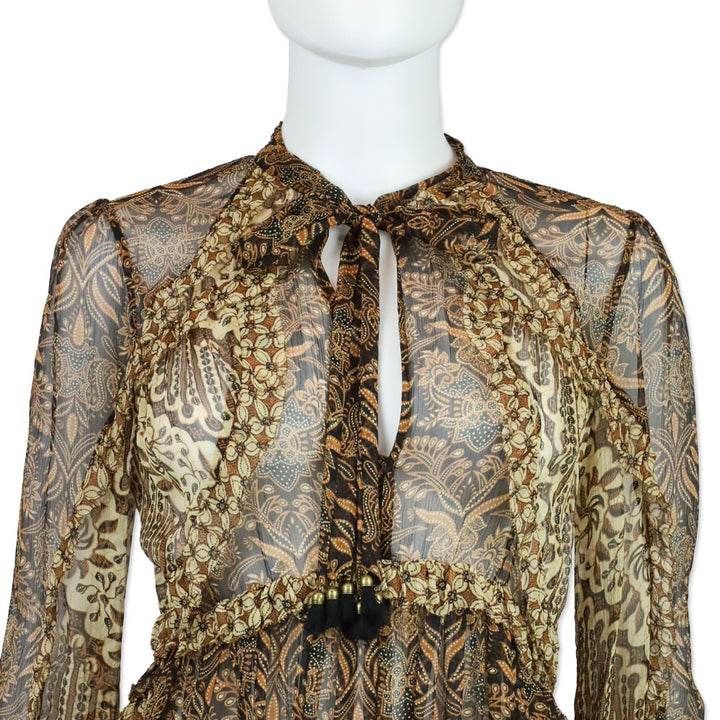 Zimmermann Tali Batik Silk Chiffon Keyhole Blouse