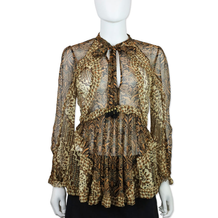 Zimmermann Tali Batik Silk Chiffon Keyhole Blouse