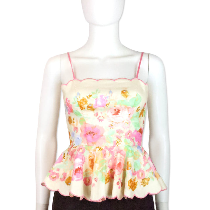 Zimmermann Raie Pink Floral Linen Peplum Top