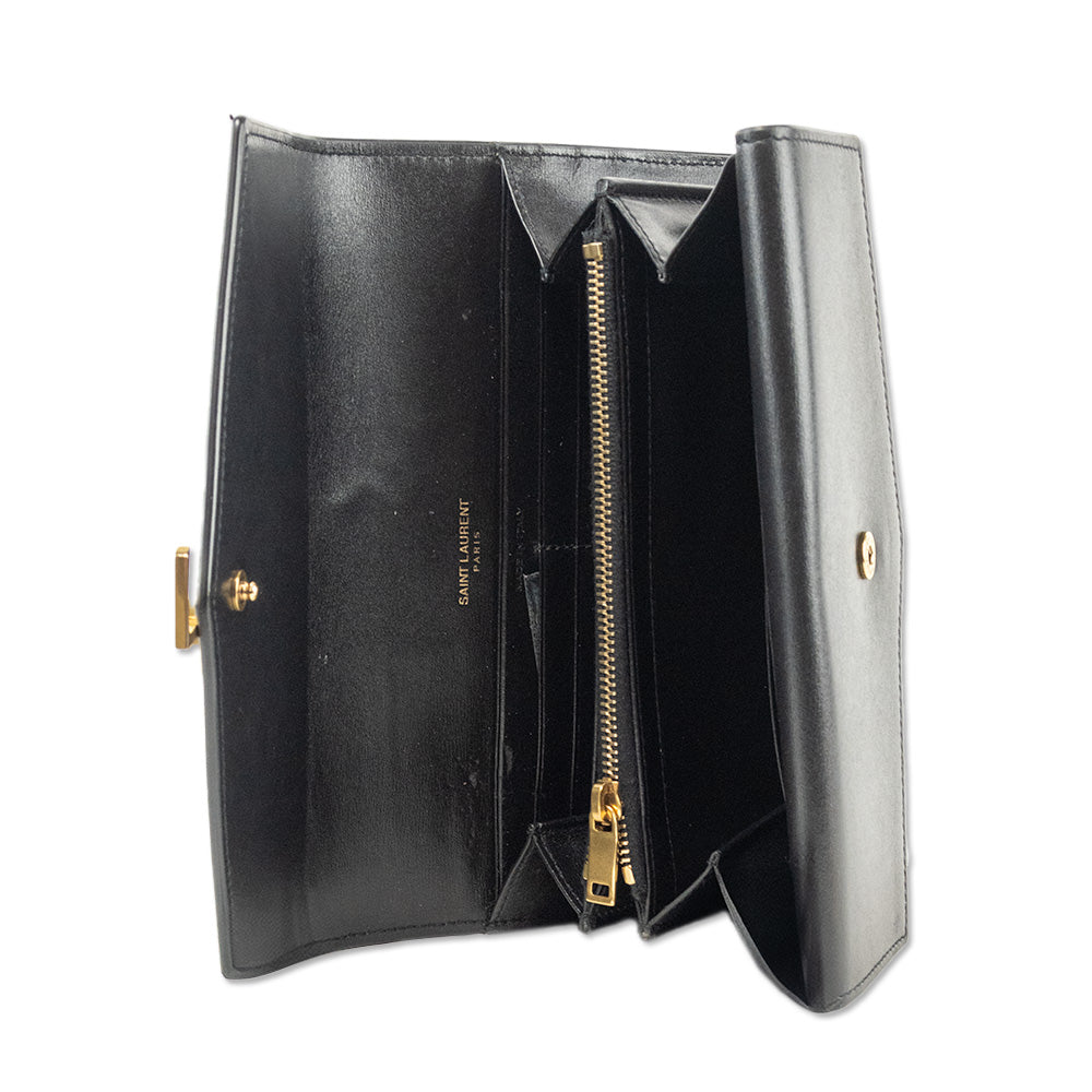 Saint Laurent Cassandre Black Leather Double Flap Envelope Clutch