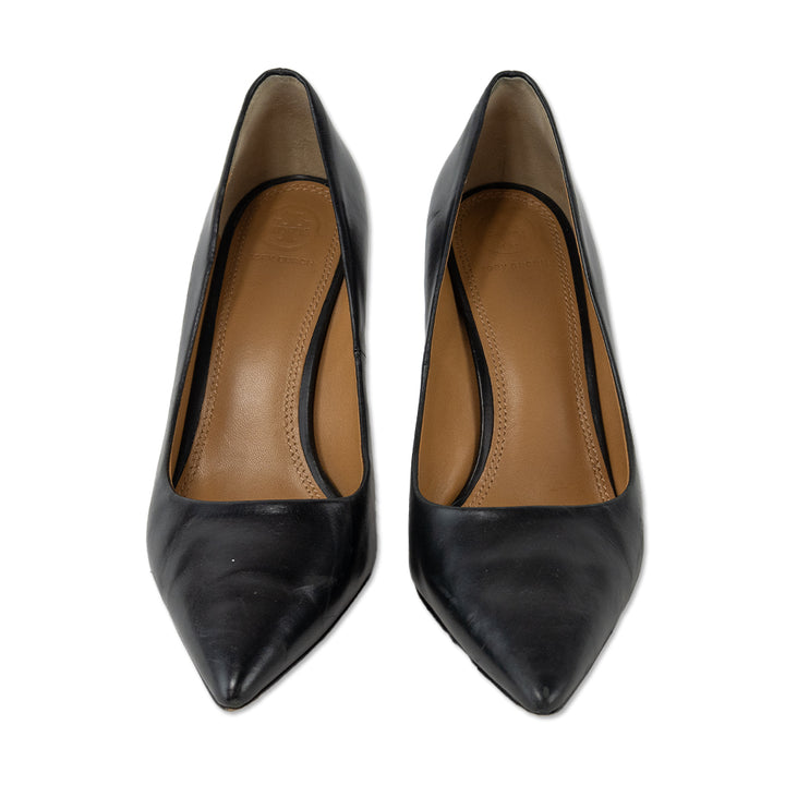 Tory Burch Black Leather Gold Heel Breast Accent Pumps