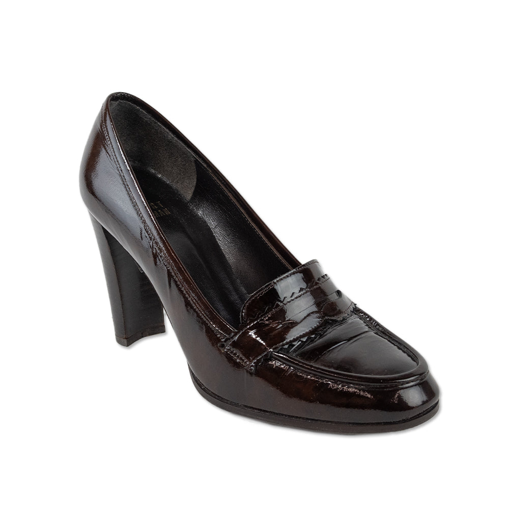 Stuart Weitzman Brown Patent Leather Penny Loafer Pumps