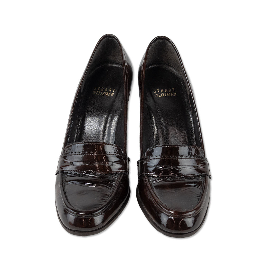 Stuart Weitzman Brown Patent Leather Penny Loafer Pumps