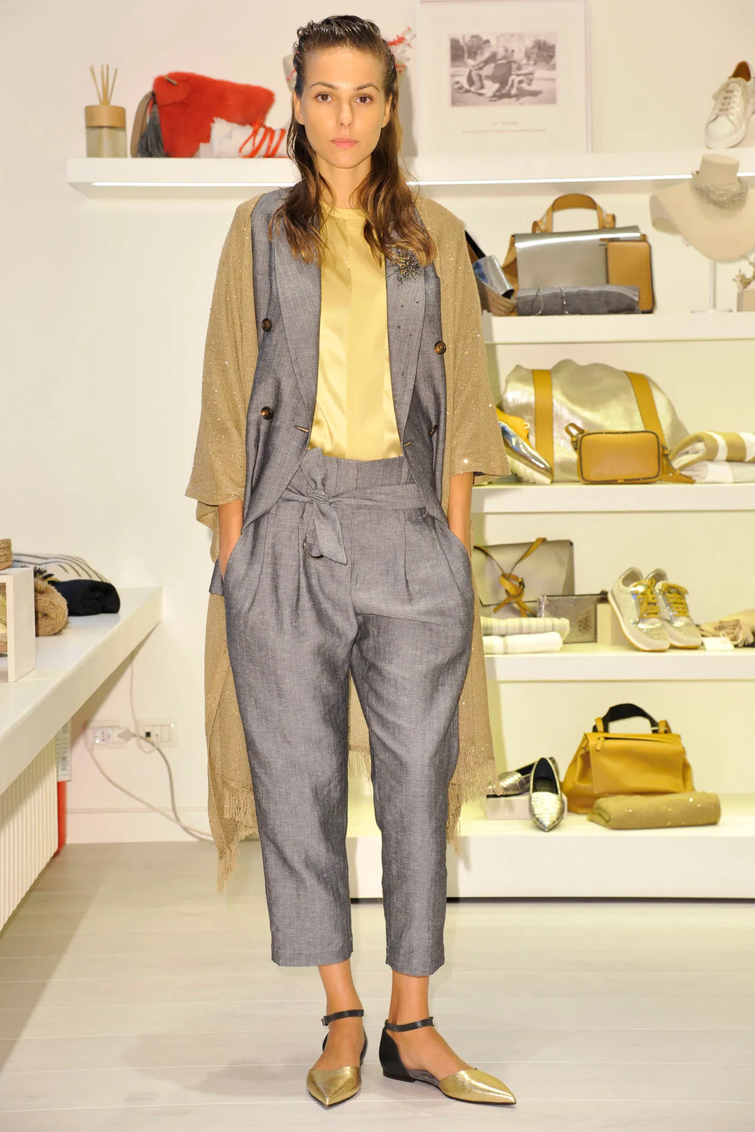 Brunello Cucinelli S/S 2017 Metallic Gold Ankle Wrap Mule