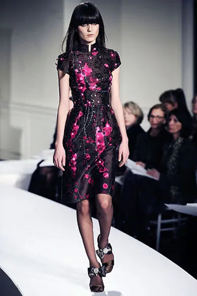 Oscar de la Renta 2008 Fall RTW Brown/Pink Sequin Embroidered High Neck Midi Dress