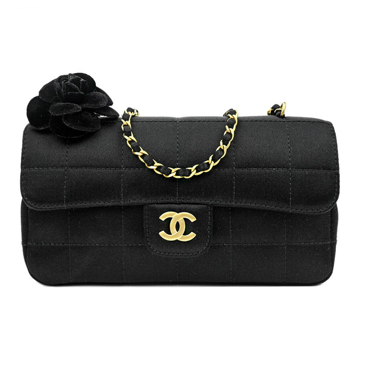 Chanel Black Satin Extra Mini Square Quilt Camellia Flap Bag