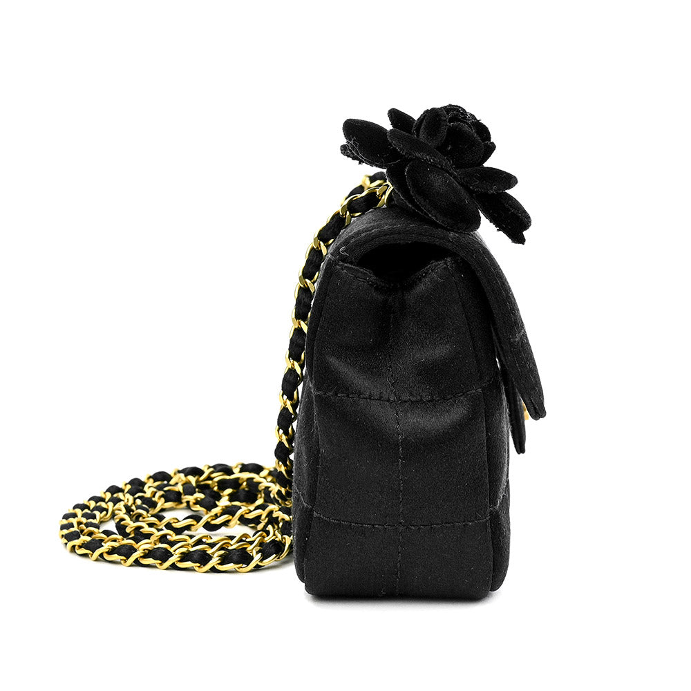 Chanel Black Satin Extra Mini Square Quilt Camellia Flap Bag
