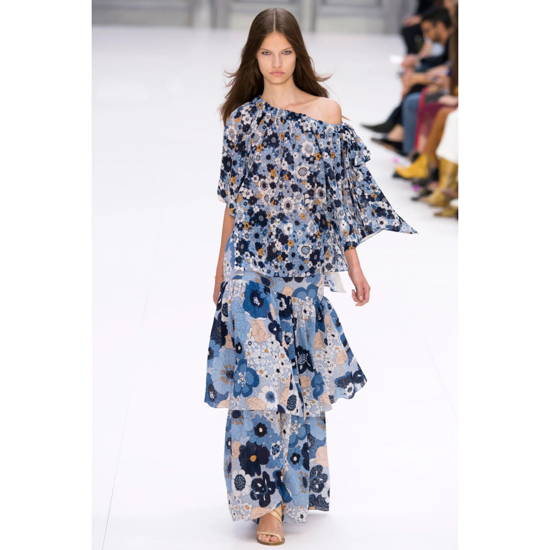 Chloé 2017 Blue Floral Gauze Off-Shoulder Top