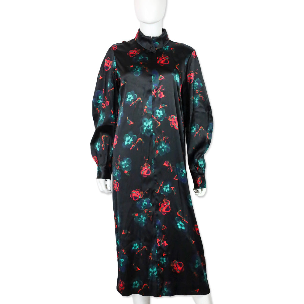 Ganni Black Red Floral Print Silk Stretch Satin Midi Dress