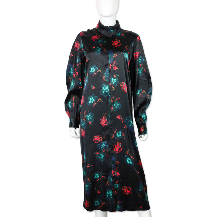 Ganni Black Red Floral Print Silk Stretch Satin Midi Dress