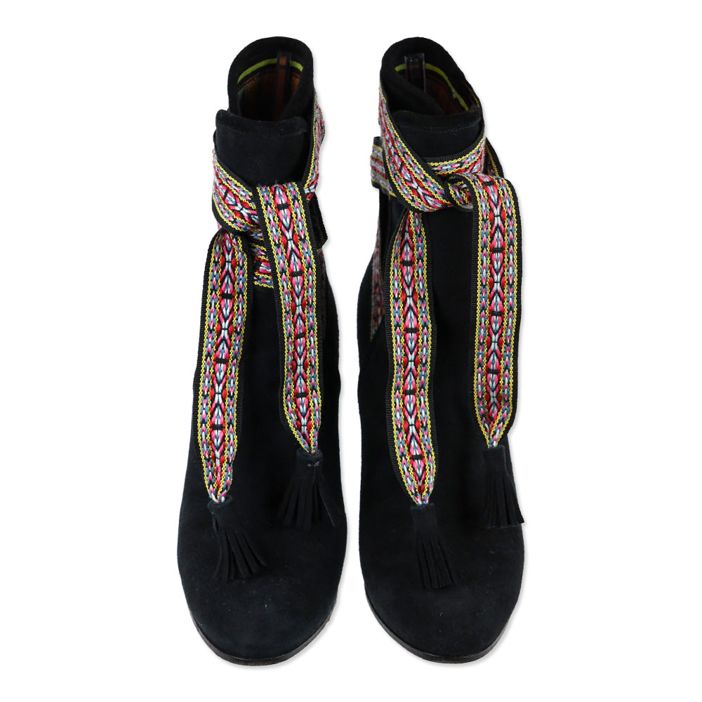 Etro Black Suede Multi Woven Lace-Up Booties