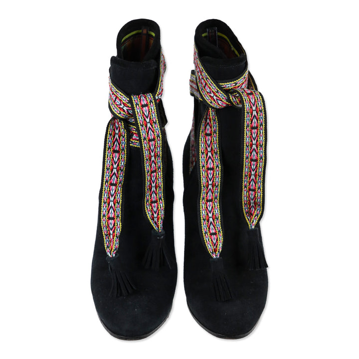 Etro Black Suede Multi Woven Lace-Up Booties