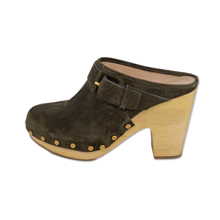 Veronica Beard Dacey Military Green Suede Clogs