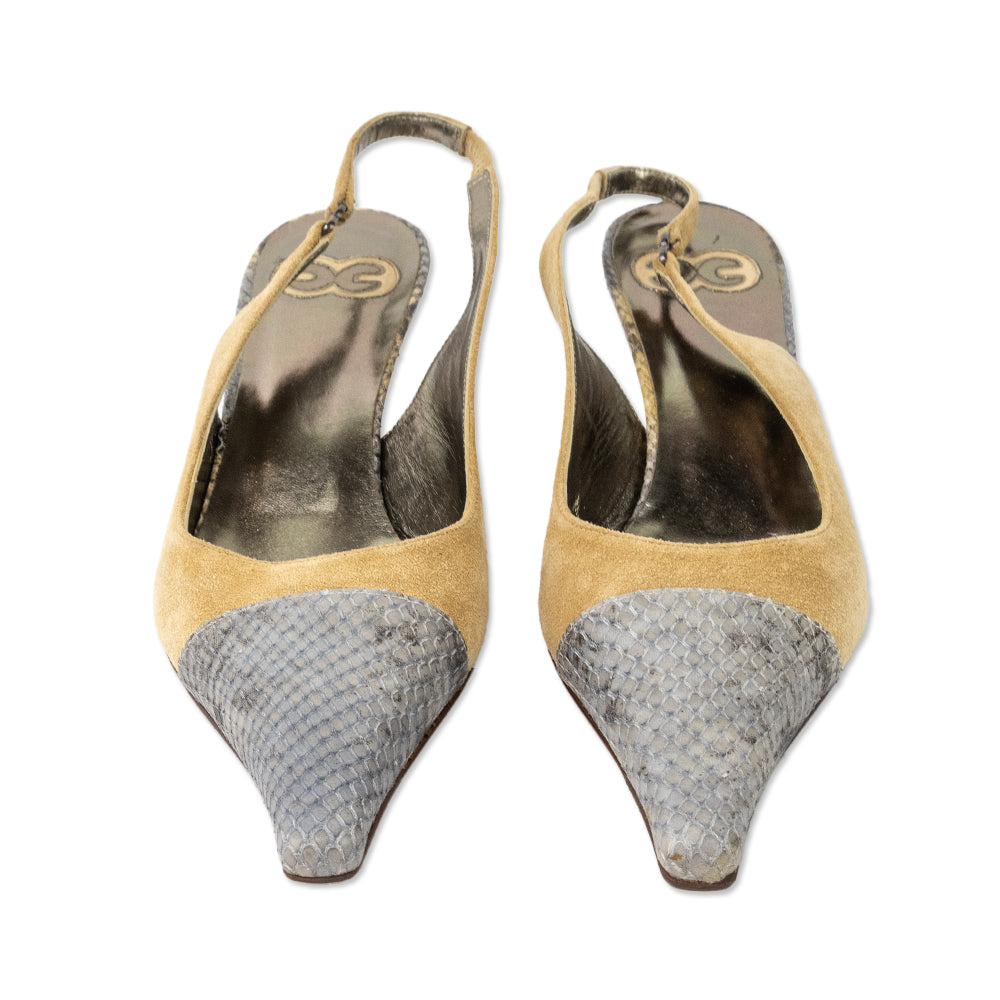 Escada Snakeskin Beige Suede Pointed Toe Slingback Pumps