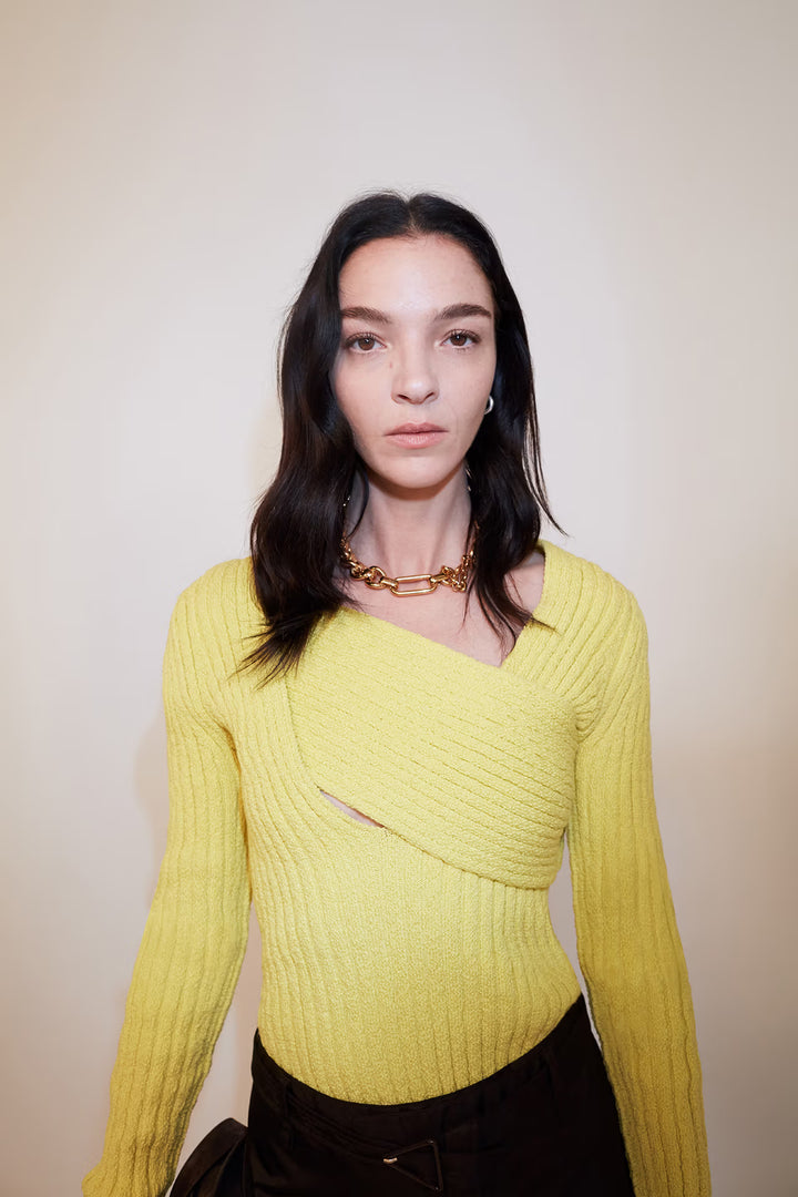 Bottega Veneta Pre Spring 2020 Lemon Textured Boucle Asymmetric Knitted Sweater
