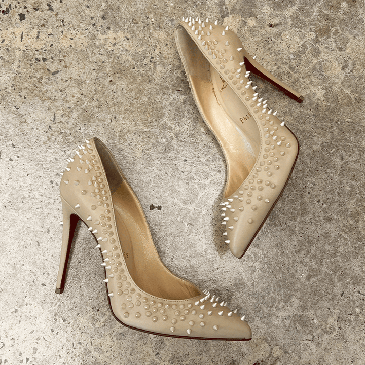 Christian Louboutin Nude Leather Spiked High Heel Pumps