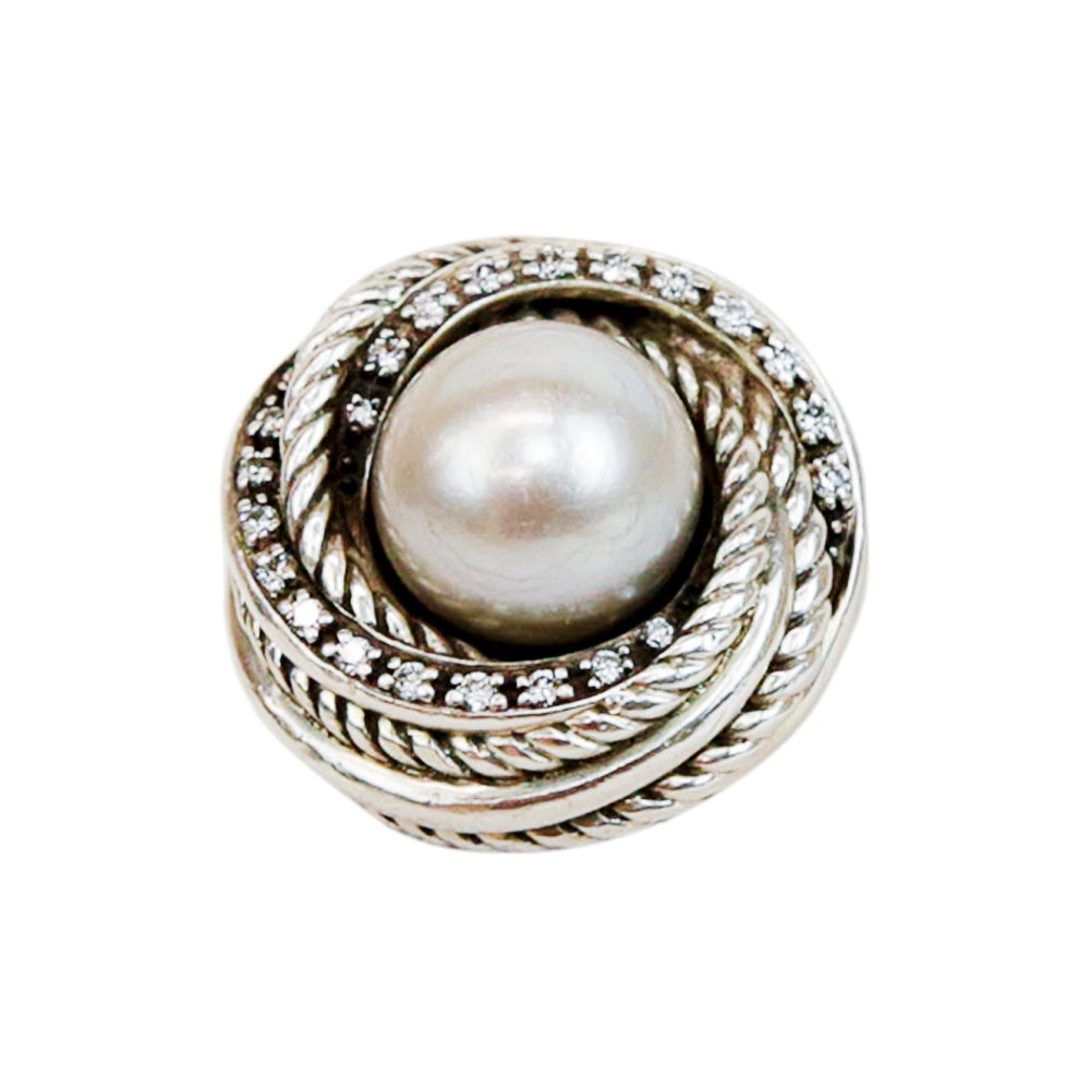 David Yurman Sterling Silver Pearl & Diamond Crossover Ring