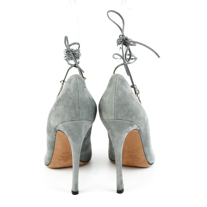 back view of Valentino Gray Suede Lace-Up Rockstud Pumps