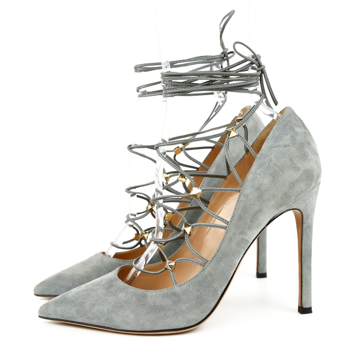 side view of Valentino Gray Suede Lace-Up Rockstud Pumps