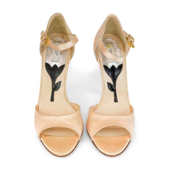 Prada Blush Satin Crystal Heel Ankle Strap Sandals