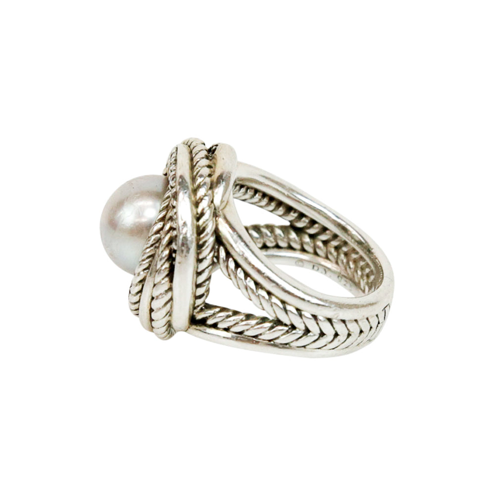 David Yurman Sterling Silver Pearl & Diamond Crossover Ring