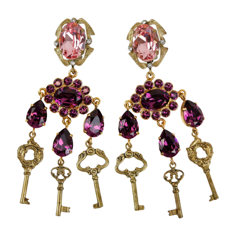 Dolce & Gabbana Purple Crystal & Key Chandelier Clip On Earrings
