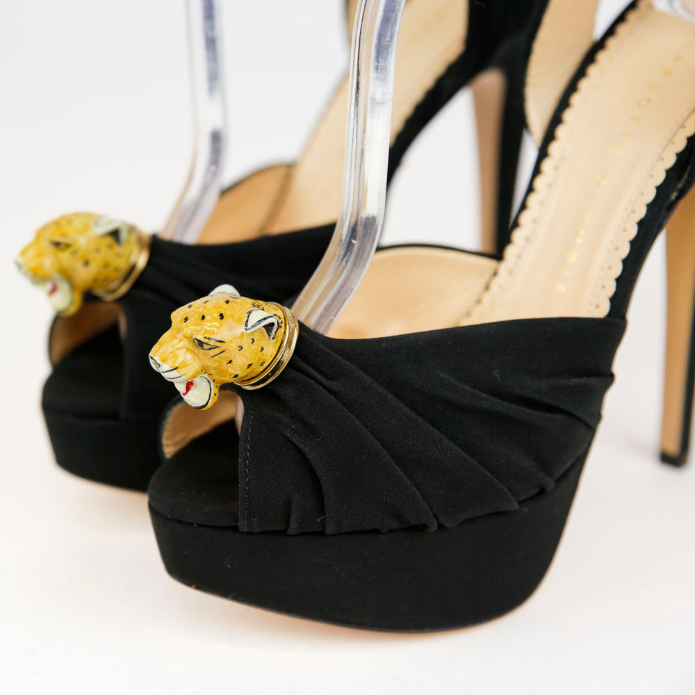 Charlotte Olympia Black Crepe De Chine Bruce Leopard Sandals