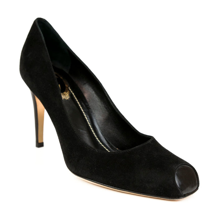 René Caovilla Black Suede Square Toe Pumps