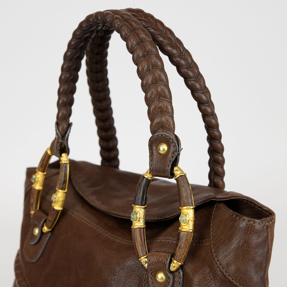 Valentino Brown Leather Vintage Braided Handle Tote Bag