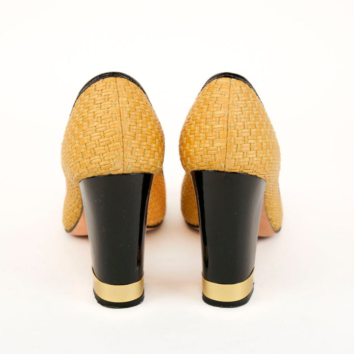 Tory Burch Anna Black Patent Leather & Straw Pumps